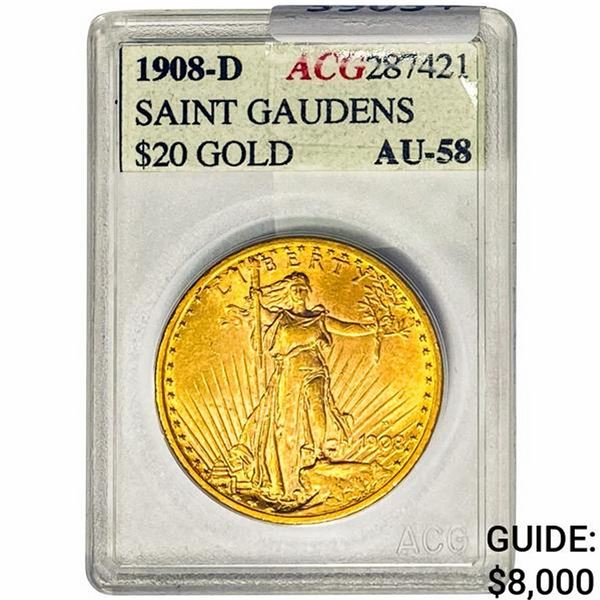 1908-D $20 Gold Double Eagle ACG AU58