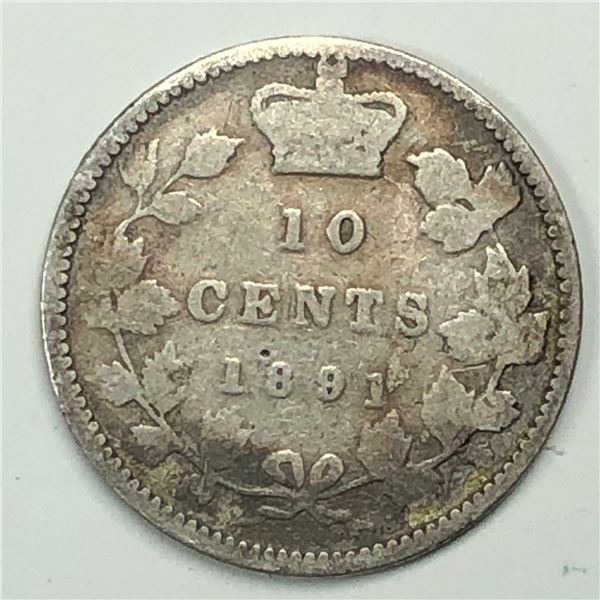 Canadian .10 Cent Dime 1891 22 leaves
