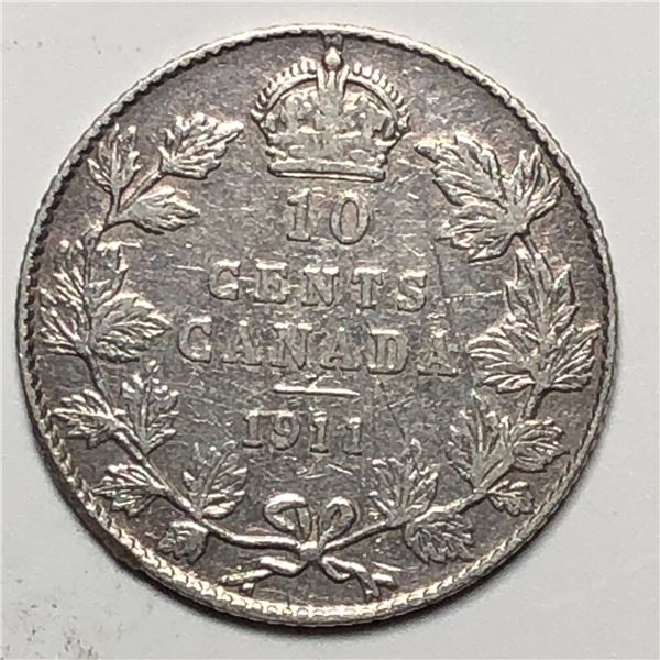 Canadian .10 Cent Dime 1911 vf+