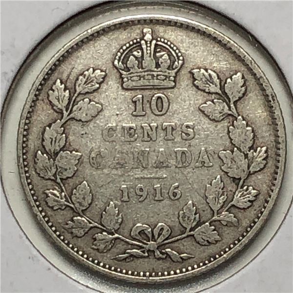 Canadian .10 Cent Dime 1916 f+