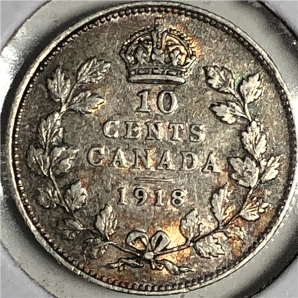 Canadian .10 Cent Dime 1918 AU
