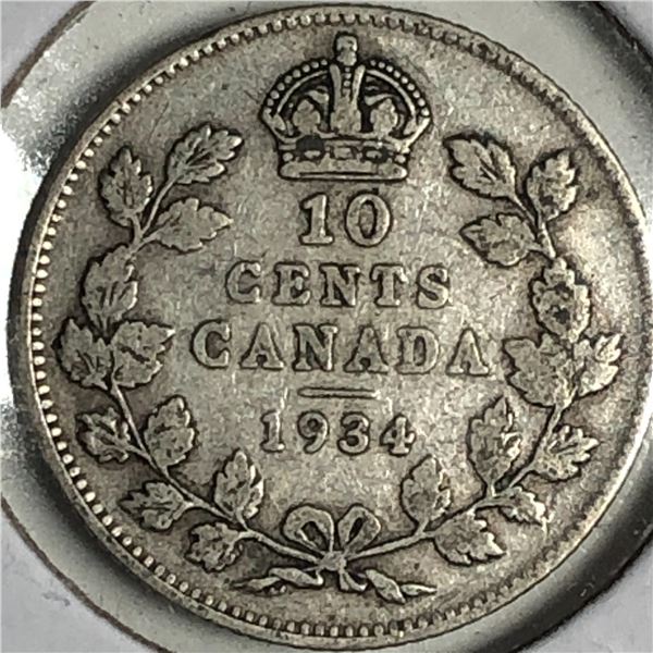 Canadian .10 Cent Dime 1934 F+
