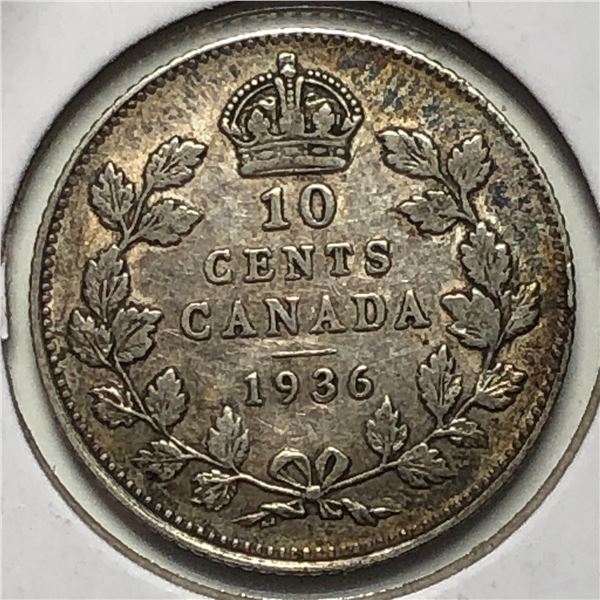 Canadian .10 Cent Dime 1936 Bar vf+