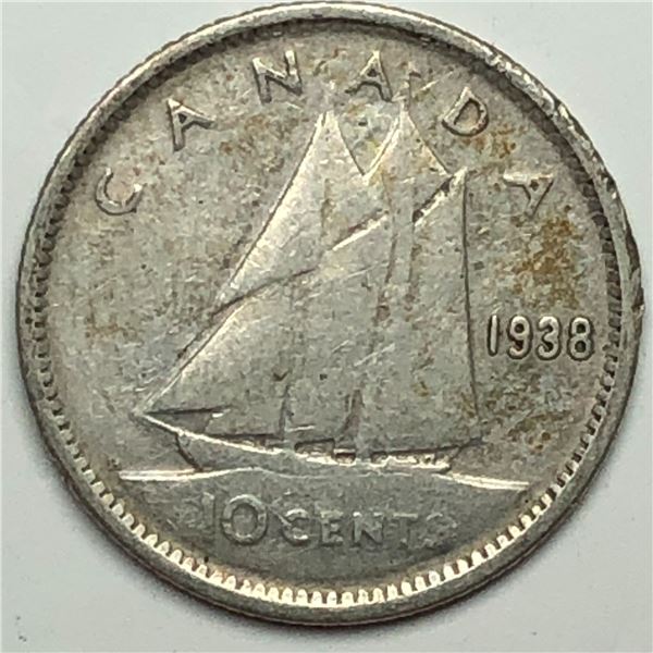 Canadian .10 Cent Dime 1938 Planchet Error in 9