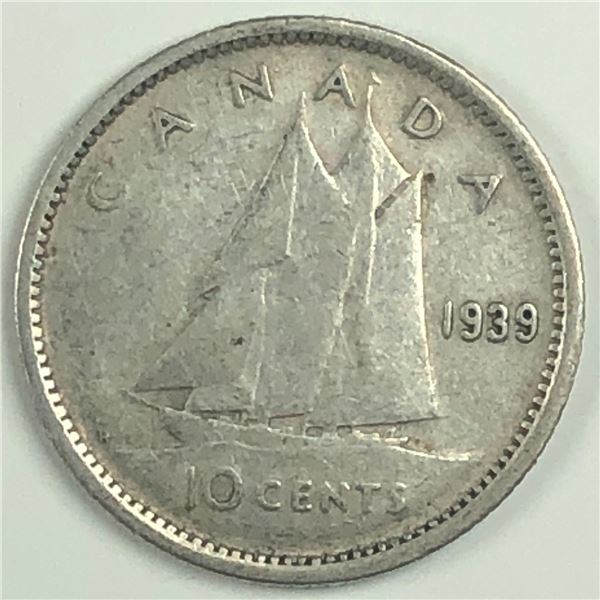 Canadian .10 Cent Dime 1939 F+