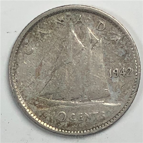 Canadian .10 Cent Dime 1942 F+
