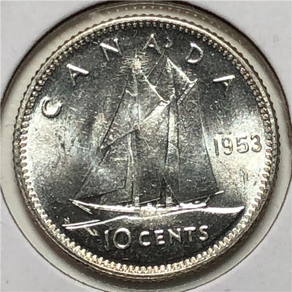 Canadian .10 Cent Dime 1953 Choice UNC Light Cameo