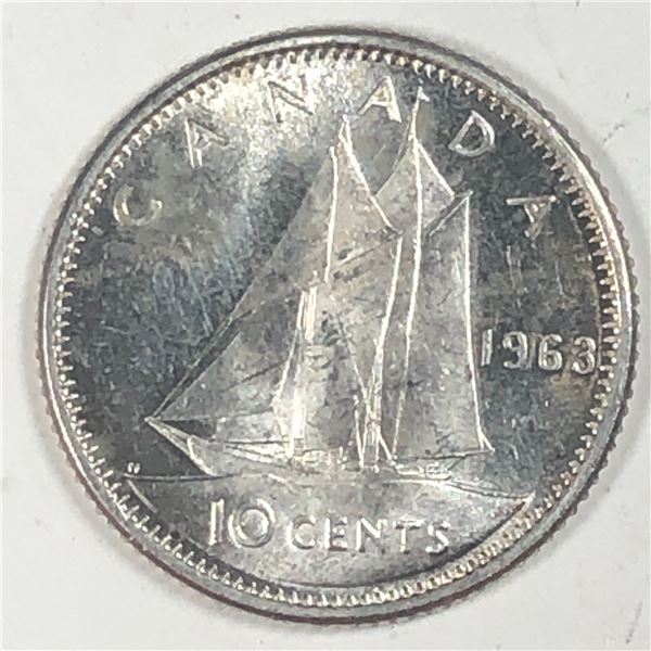 Canadian .10 Cent Dime 1963 BU Light Cameo