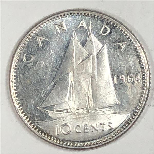 Canadian .10 Cent Dime 1964 UNC Heavy Cameo