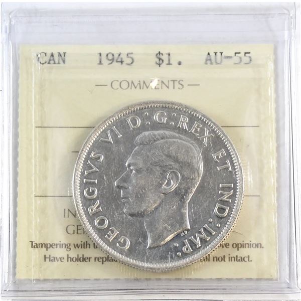 1945 King George VI Canadian Silver Dollar ICCS-AU-55