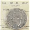 Image 1 : 1947 Pointed Dot King George VI Canadian Silver Dollar ICCS-AU-55
