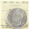 Image 1 : 1951 King George VI Canadian Silver Dollar ICCS-MS-63 Arnprior