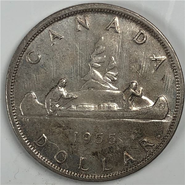 1955 Queen Elizabeth II Canadian Silver Dollar AU++ ARN No Die Break
