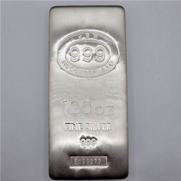 100 oz JBR Bullion Bar of .999 Fine Silver