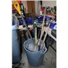 Image 1 : Rubbermain 20 gallon garbade can and assorted shovels and sledge hammers