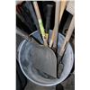 Image 2 : Rubbermain 20 gallon garbade can and assorted shovels and sledge hammers