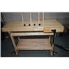 Image 1 : Wooden workstation with wood vise, selection of metal and wooden stops on wheels.