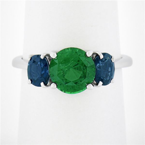 Platinum 2.89 ctw GIA Round Green Tsavorite & Oval Sapphire Three 3 Stone Ring