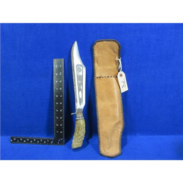 Fixed Blade Knife with Stag Handle and Leather Sheath