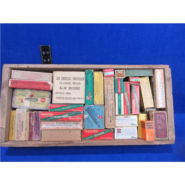Wood Ammo Box with 31 Empty Collector Ammo Boxes