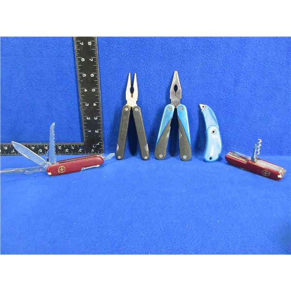 2 Multi-Tool Pliers, Box Cutter & 2 Swiss Army Style Knives