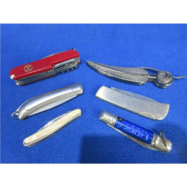 6 Folding Blade Pocket Knives - 2 Key Chain, 1 Swiss, Etc.
