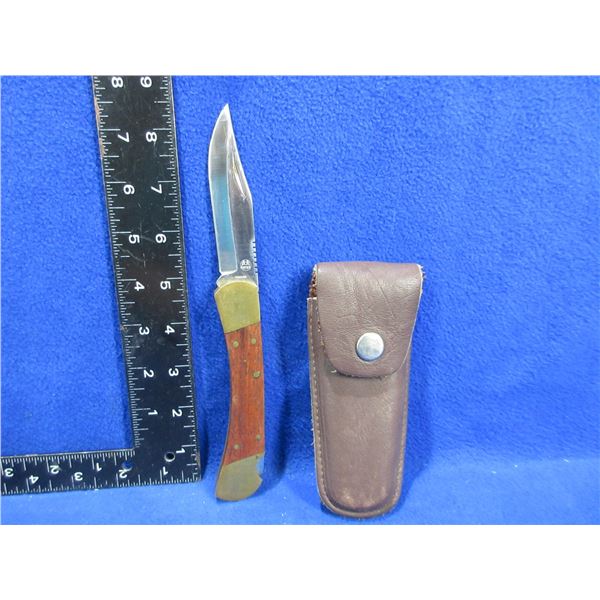 Folding Blade Lock Knife with Leather Sheath - 3 1/2" Blade