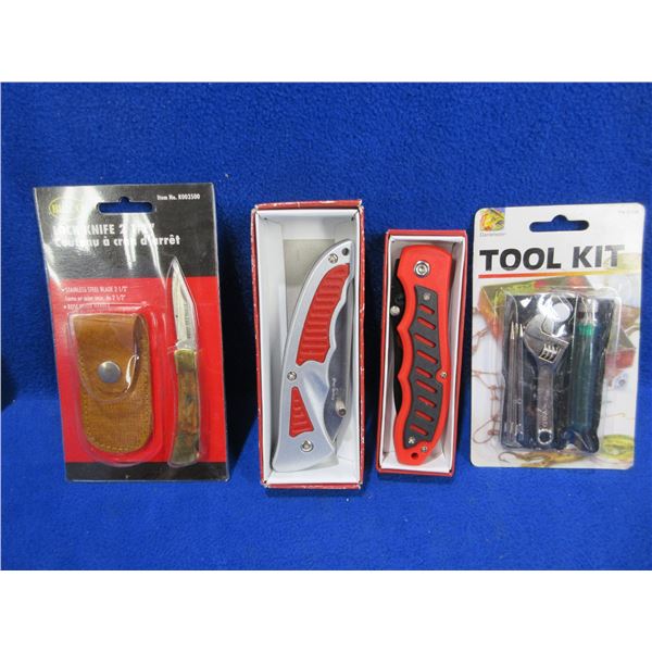 NEW - 3 Folding Pocket Knives and a Mini Tool Kit