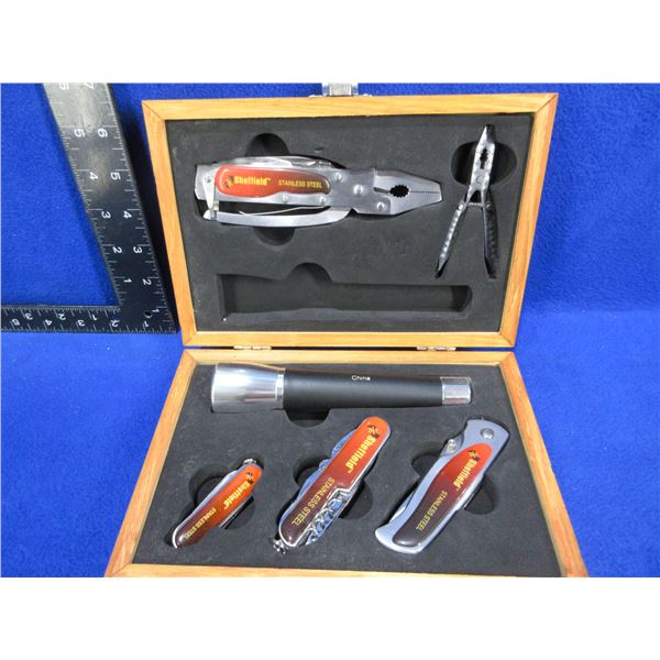 Sheffield 3 Knife, Multi-Tool and Flashlight Set in Wood Box