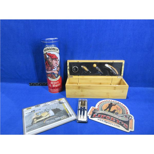 Wood Liquor Box, Hobgoblin Tin, 2 Pen Set, 2 Mouse Pads