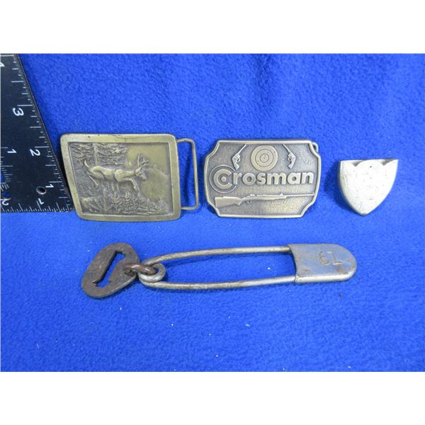 2 Brass Belt Buckles, Key Tag Safety Pin and a Belt Tip