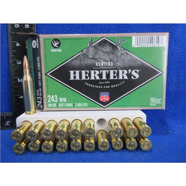 243 Win. 100gr SP Herters Cartridges - Box of 17 + 3 Brass