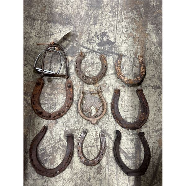 Vintage Horse Head Door Knocker, Horse Shoes & Stirrups