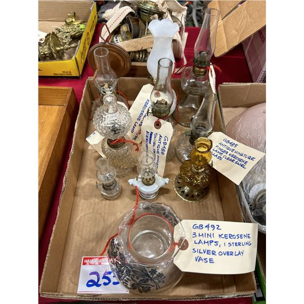 9 Antique Miniature Kerosene Lamps & 1 Vase