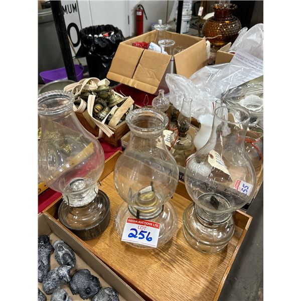 3 Vintage Kerosene Lamps & Wooden Tray