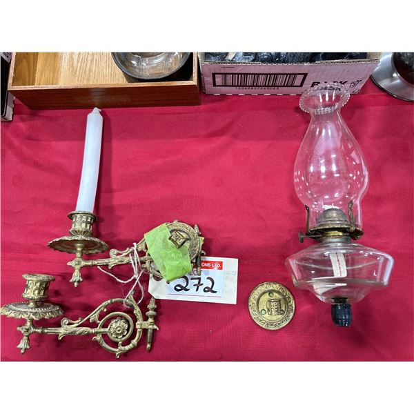 Pair of Antique Brass Candle Holders & Peg Lamp