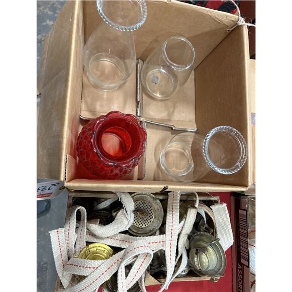 2 Boxes of Assorted Kerosene Lamp Chimneys, Burners and Wicks