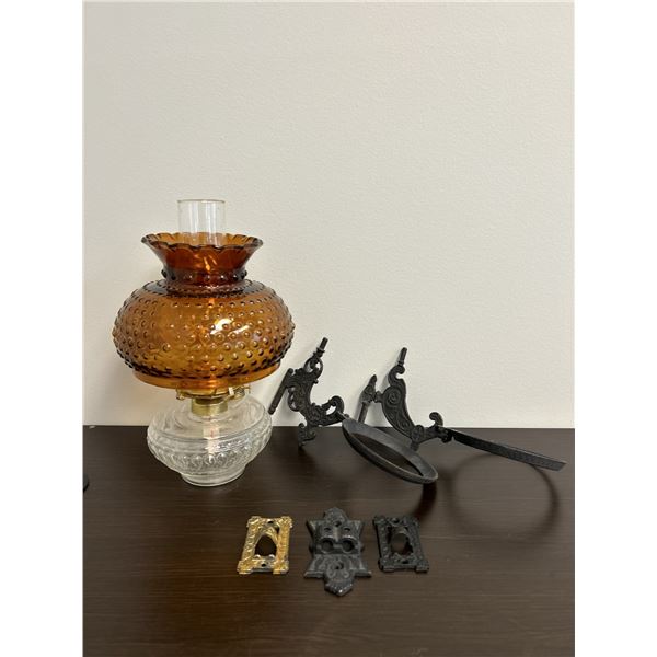 Vintage Kerosene Lamp & 2 Cast Iron Wall Mounts