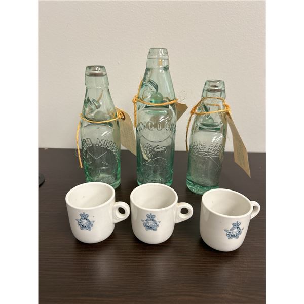 3 Antique Codd Bottles & 3 RCAF Demitasse Cups