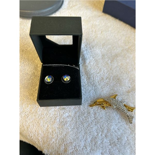 Signed Swarovski Dolphin Pin & Crystal Earrings