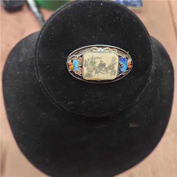 Antique Ivory and Stirling Silver Filigree Brooch