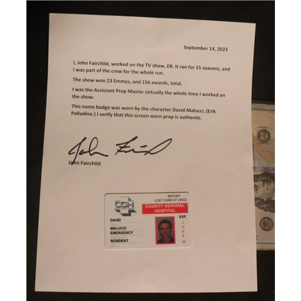 ER TV DAVID MALUCCI HOSPITAL ID BADGE WITH LOA