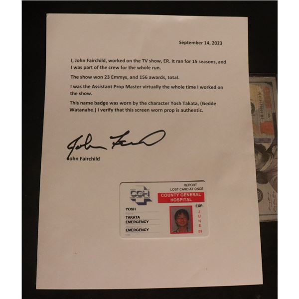 ER TV YOSH TAKATA HOSPITAL ID BADGE WITH LOA
