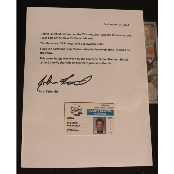 ER TV SIMON BRENNER HOSPITAL ID BADGE WITH LOA