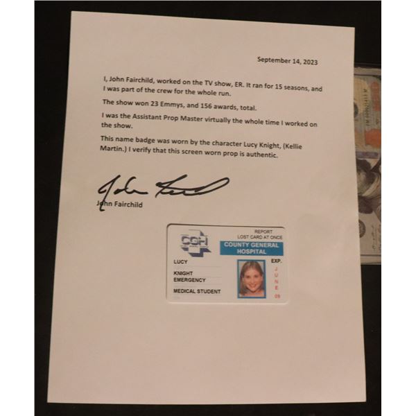 ER TV LUCY KNIGHT HOSPITAL ID BADGE WITH LOA