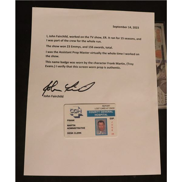 ER TV FRANK MARTIN HOSPITAL ID BADGE WITH LOA