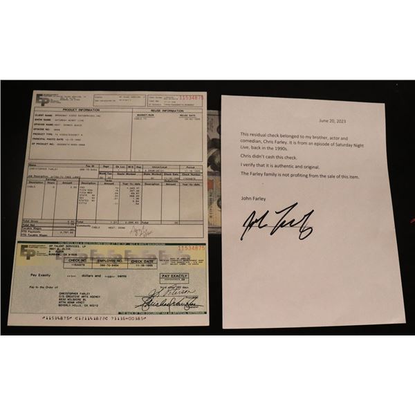CHRIS FARLEY DENNIS QUAID UNCASHED SATURDAY NIGHT LIVE SNL ROYALTY CHECK W LOA