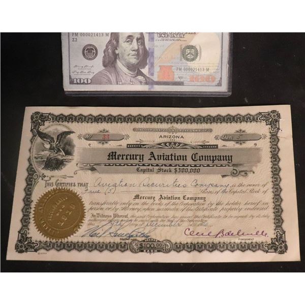 CECIL B DEMILLE HAND SIGNED MERCURY AVIATION COMPANY STOCK CERTIFICATE 1920