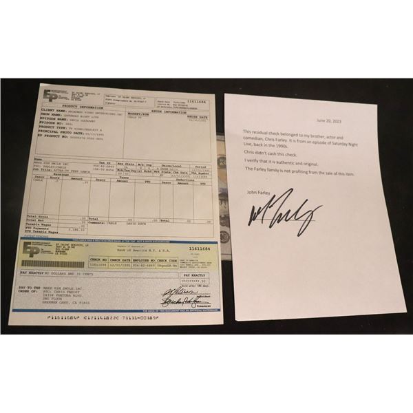 CHRIS FARLEY DAVID DUCHOVNY UNCASHED SATURDAY NIGHT LIVE SNL ROYALTY CHECK W LOA