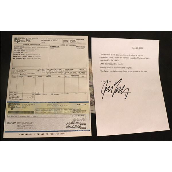 CHRIS FARLEY BOB NEWHART SATURDAY NIGHT LIVE SNL ROYALTY CHECK W LOA